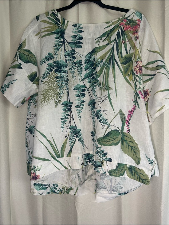 Camille & Co Tops - Camille & Co White Green Linen Coastal Beach Top Blouse Lagenlook Oversized